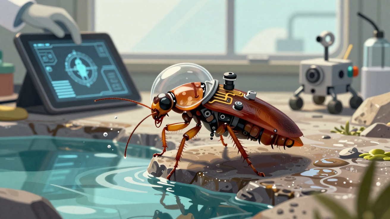 A robotic cockroach with a transparent dome on its back near water, with tech devices in the background.