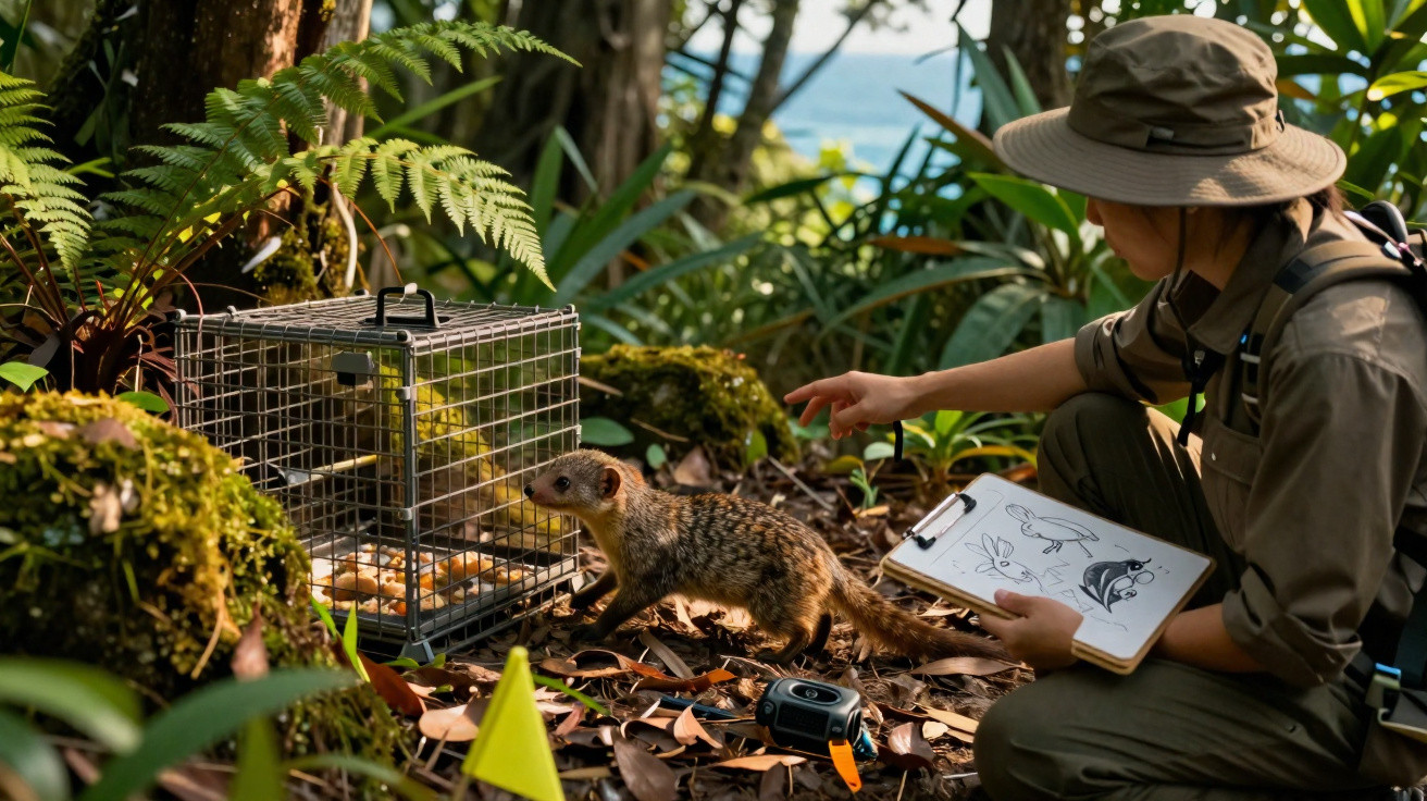 Researcher observing a mongoose near a cage trap in a lush forest environment during daytime.
