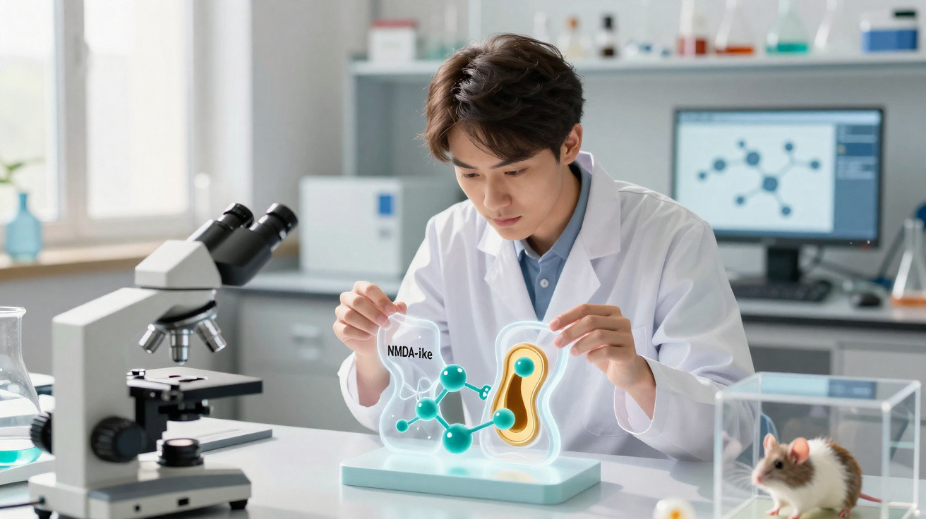 Scientist in lab coat examining molecular model with mouse in cage on lab table and microscope nearby