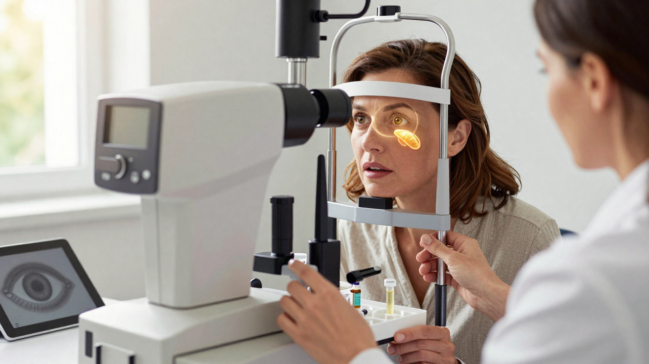 Woman undergoing an eye examination with a slit lamp while an optometrist operates the equipment in a clinic.