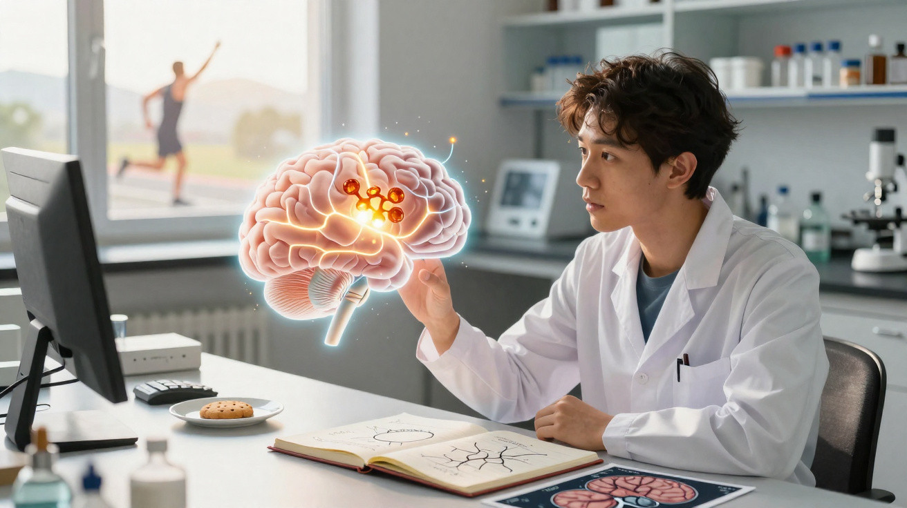 Scientist in lab coat examining a holographic brain model with molecular structures at a desk in a lab.