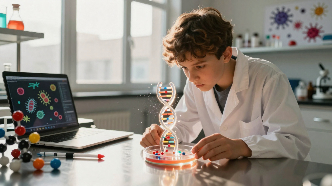 Young boy in lab coat examining a DNA model in a science laboratory with a laptop showing microbes.