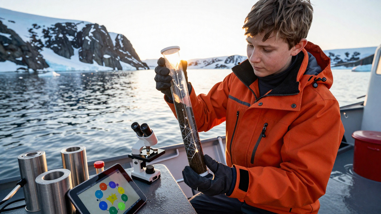 Person in an orange jacket examining a test tube on a boat with snowy mountains and water in the background.