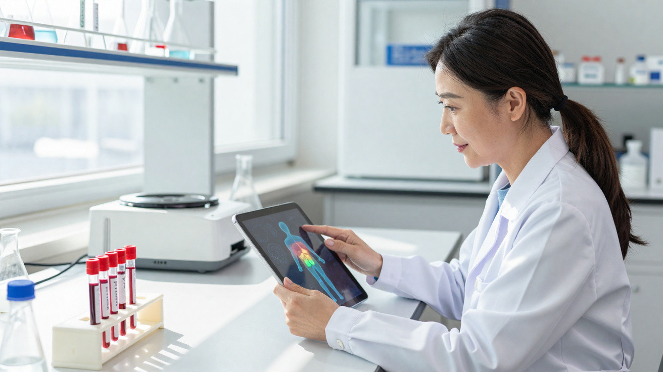 Scientist in lab coat analysing a human body scan on a tablet in a bright laboratory setting.