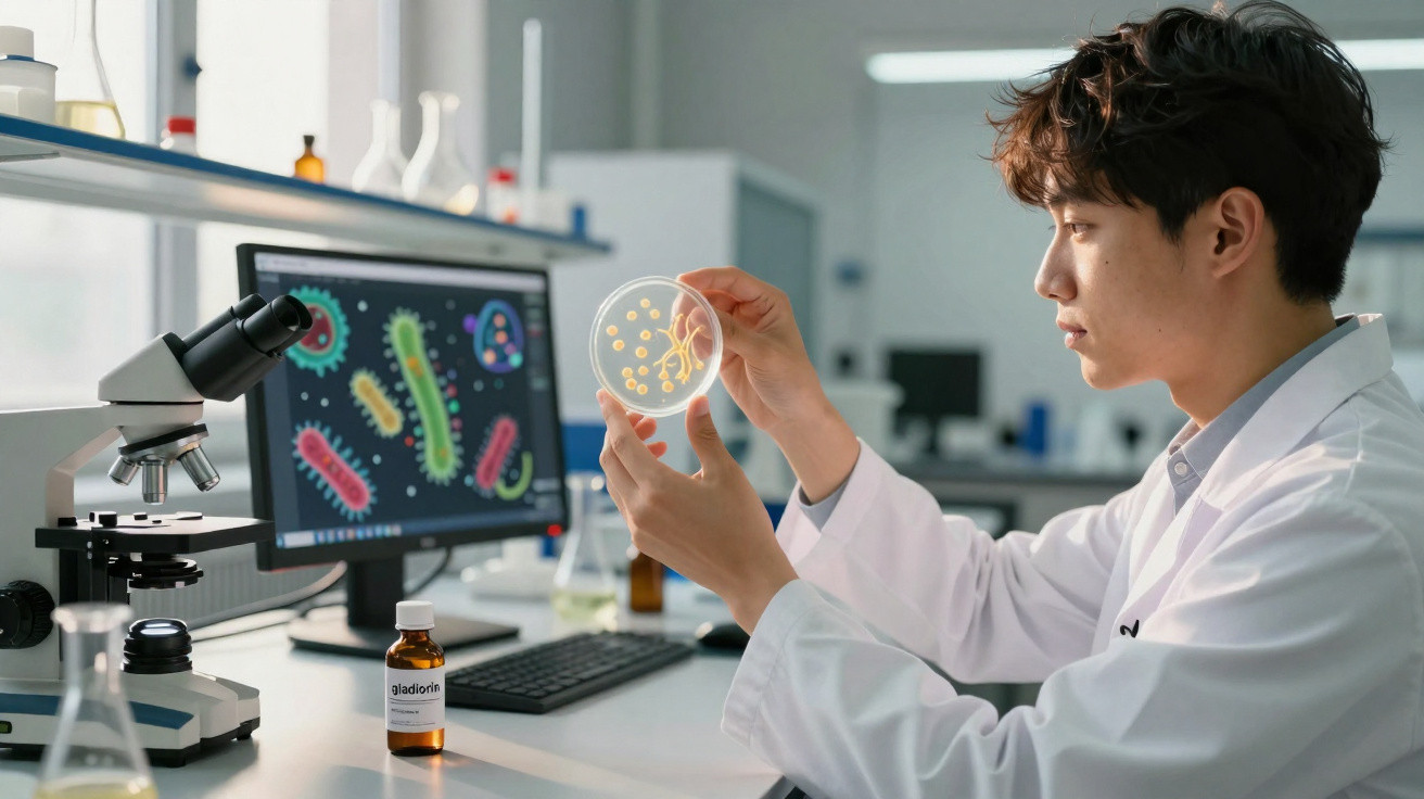 Scientist examining petri dish with bacterial cultures in a lab, microscope and computer showing microbes in background.
