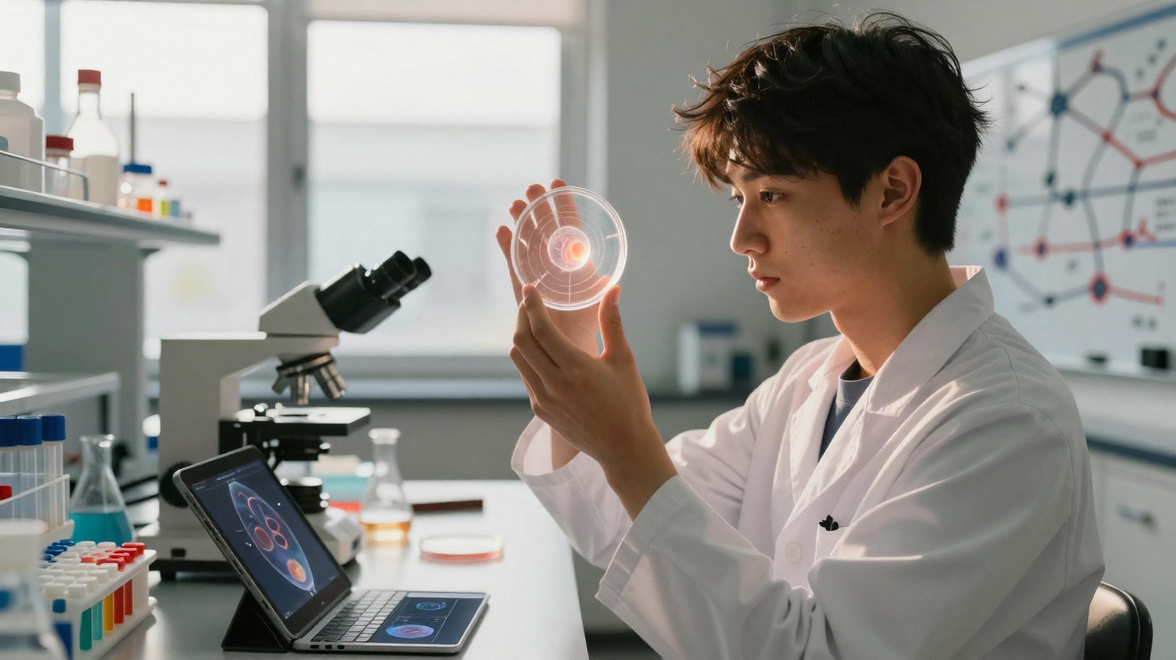 Scientist in white lab coat examining a petri dish in a laboratory with microscope and laptop nearby.