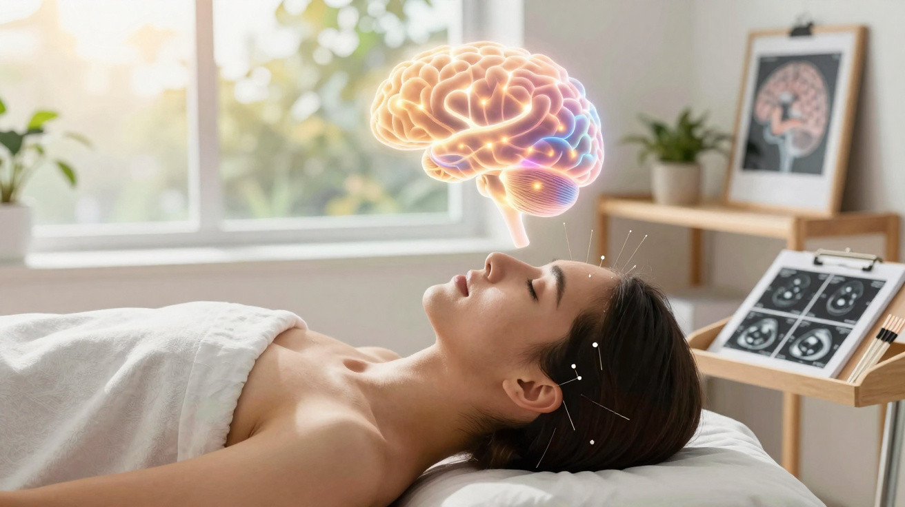 Woman receiving acupuncture on head with digital brain illustration above lying on bed in medical room