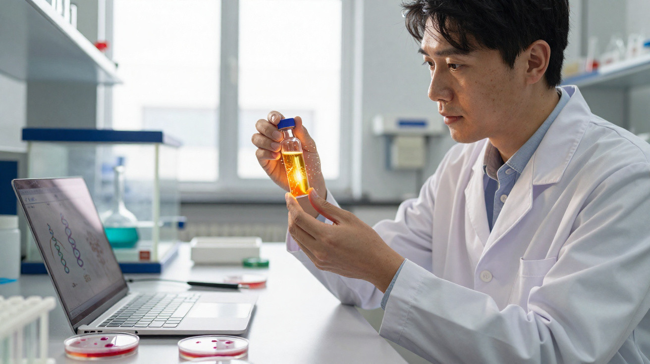 Scientist in a lab coat examining a glowing orange liquid in a bottle, with a laptop and petri dishes nearby.