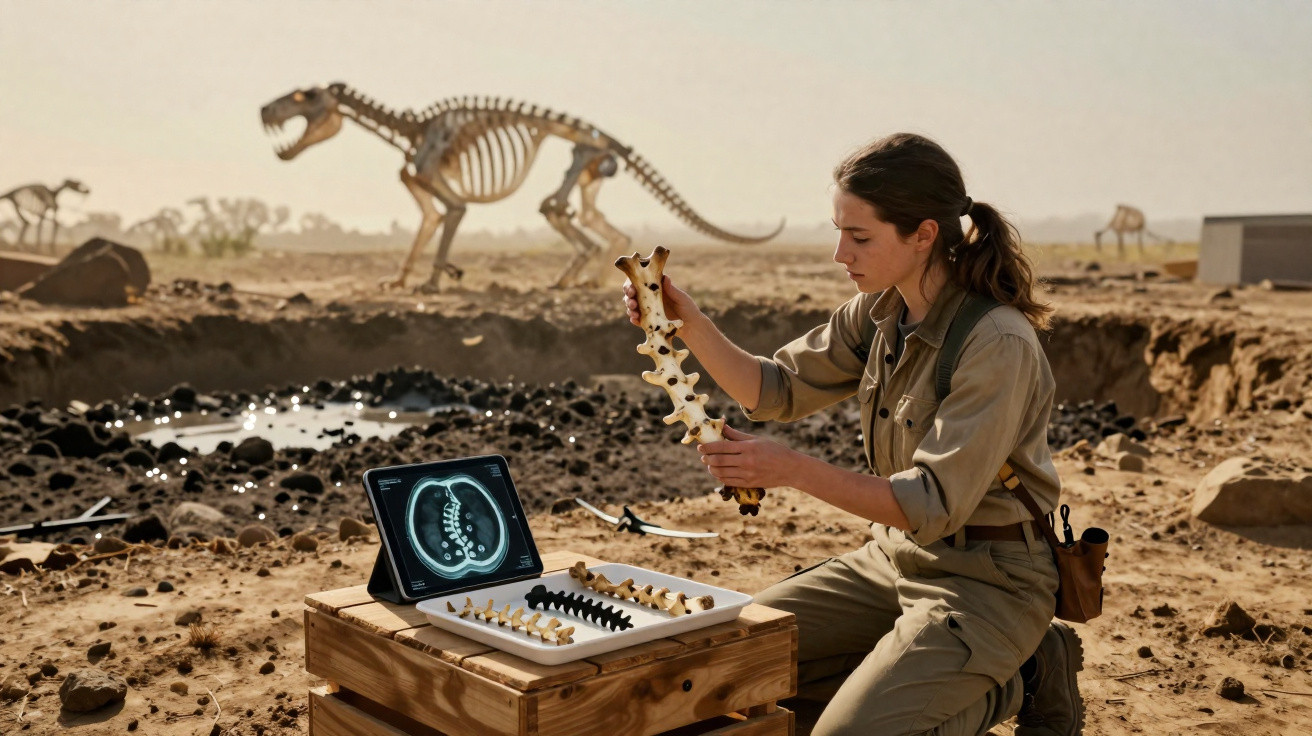Archaeologist examining fossilised vertebrae with dinosaur skeleton model in desert excavation site.