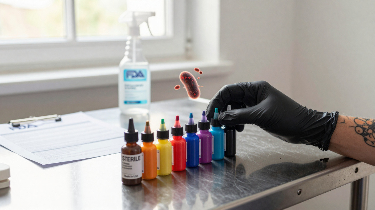 Hand with black glove arranging small colourful ink bottles on metal table with sterilizer and clipboard nearby.