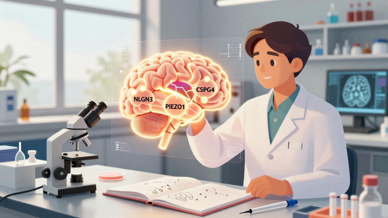 Scientist studying a digital brain model with labelled genes in a laboratory setting.