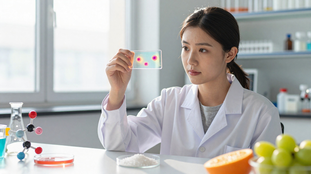 Scientist in a lab coat examining a glass slide with pink samples in a bright laboratory setting.