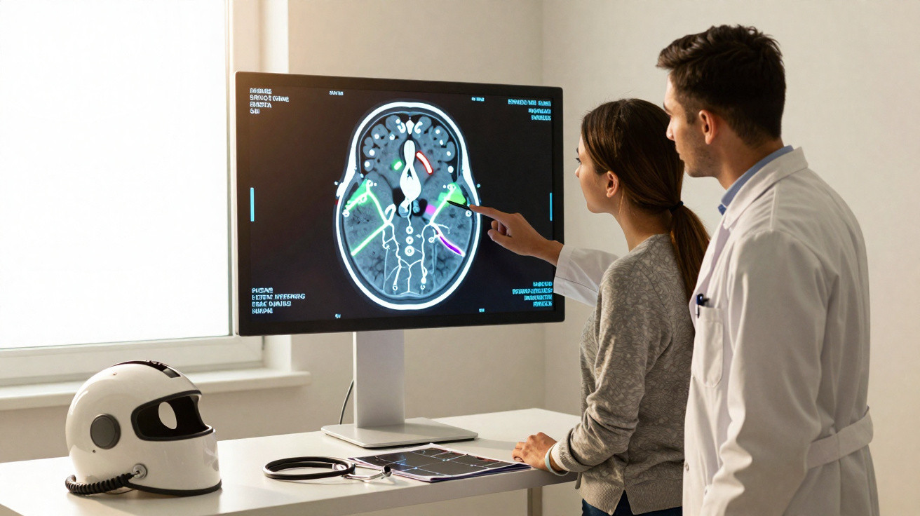 Two medical professionals examining a coloured brain scan on a digital monitor in a clinical room.