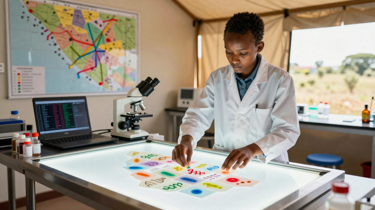 Scientist in lab coat analysing colourful DNA and cell structure charts on a lit table with microscope and laptop nearby