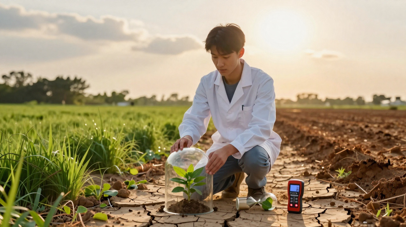 Scientist in white coat protecting a young plant under glass in dry cracked soil field at sunset.