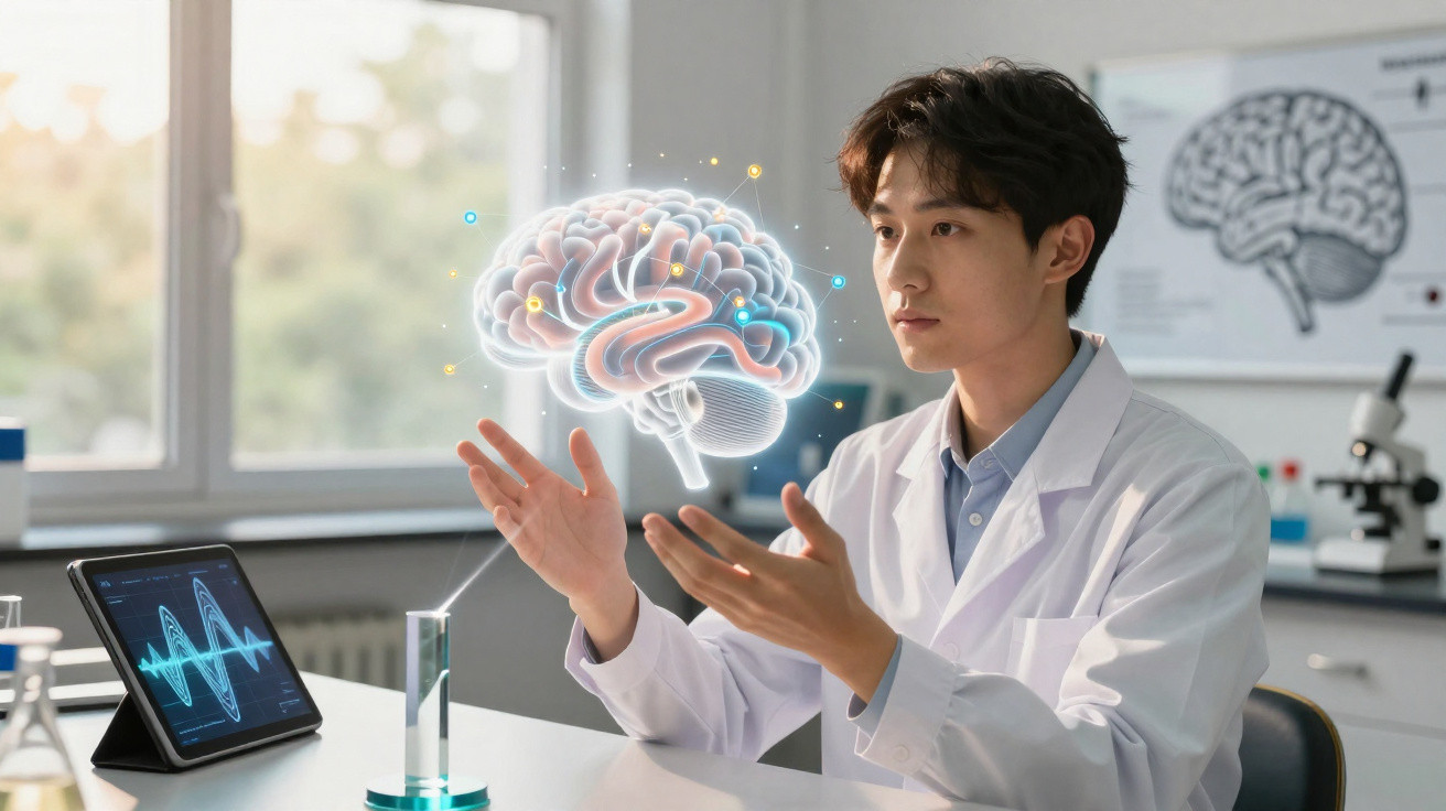 Scientist in a lab coat examining a digital 3D brain hologram with a tablet showing brainwave data nearby.