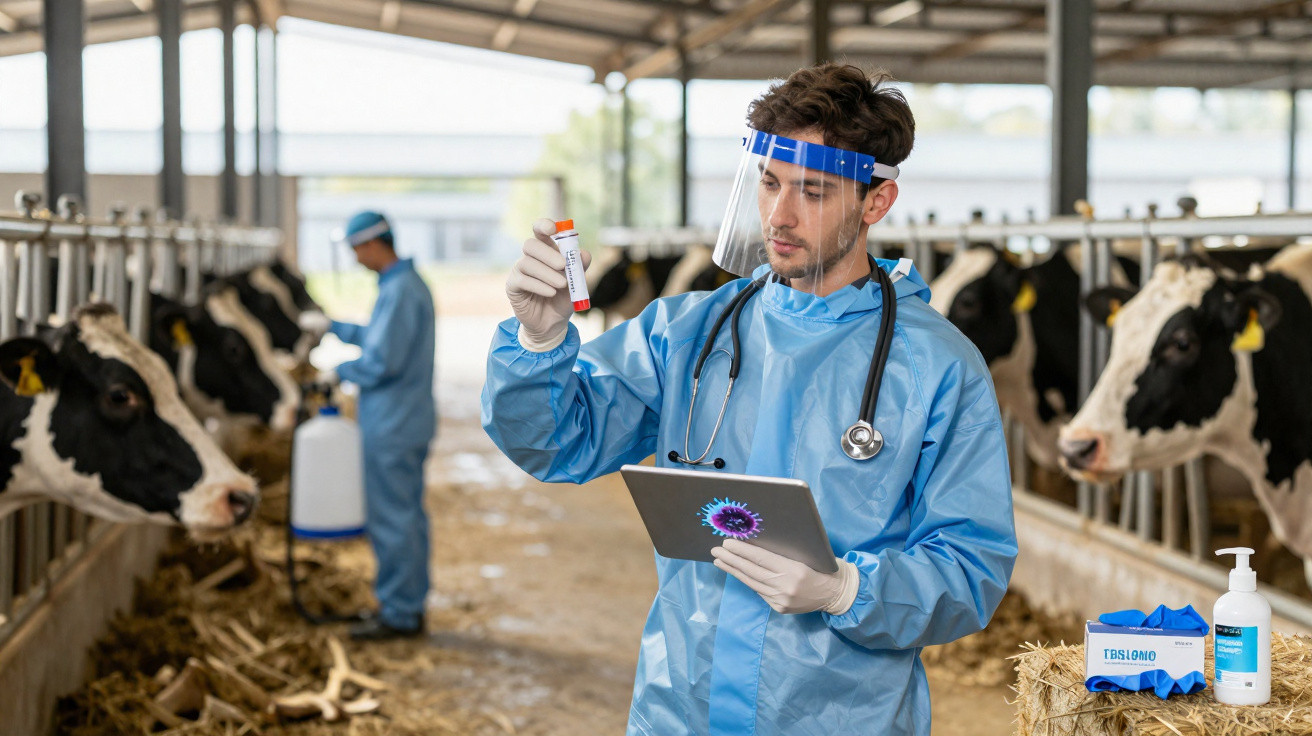Veterinarian in protective gear examining a test tube in a cowshed with dairy cows in the background.