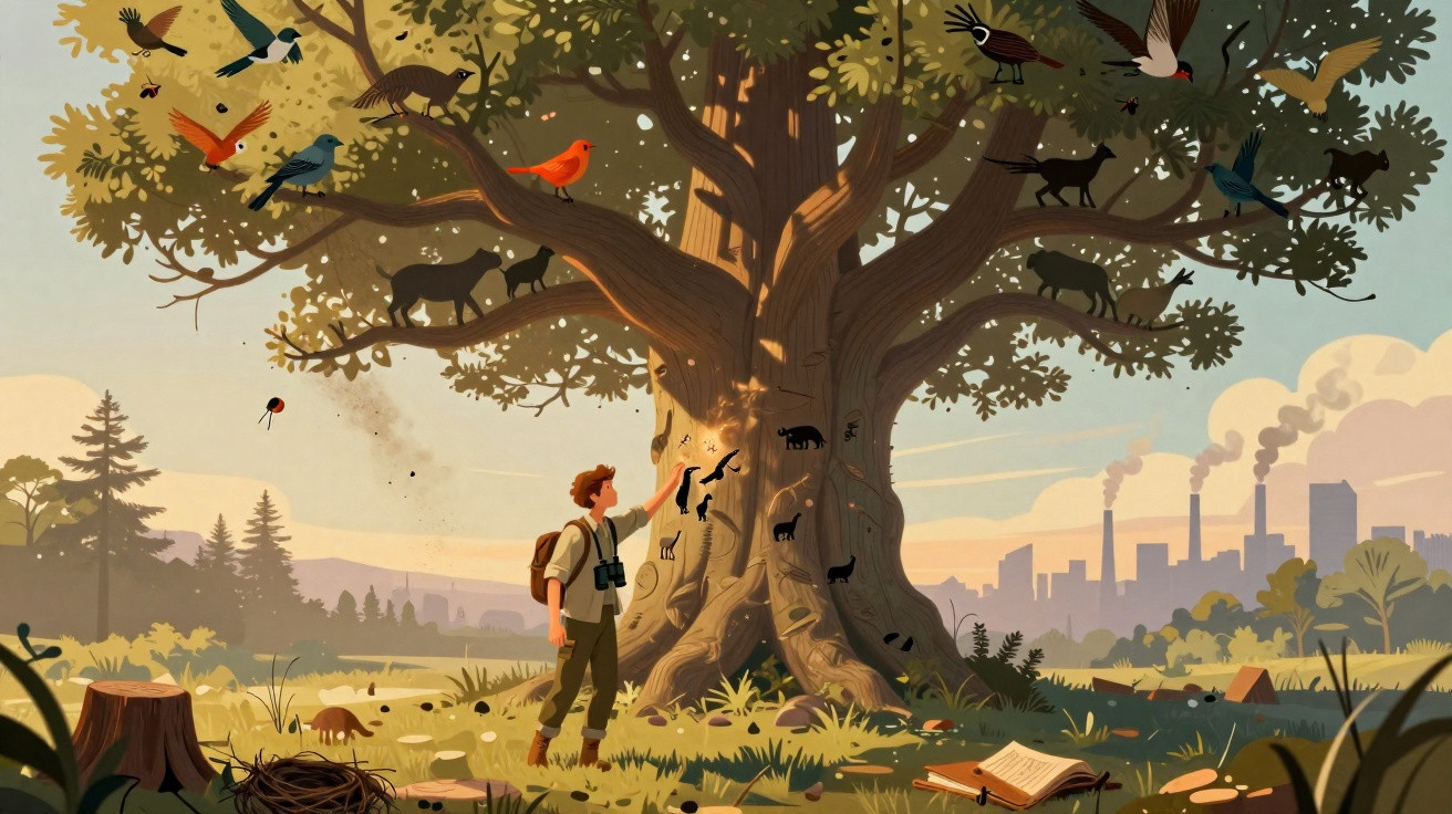 Person with binoculars touching a large tree showing animal silhouettes and various birds perched on branches.