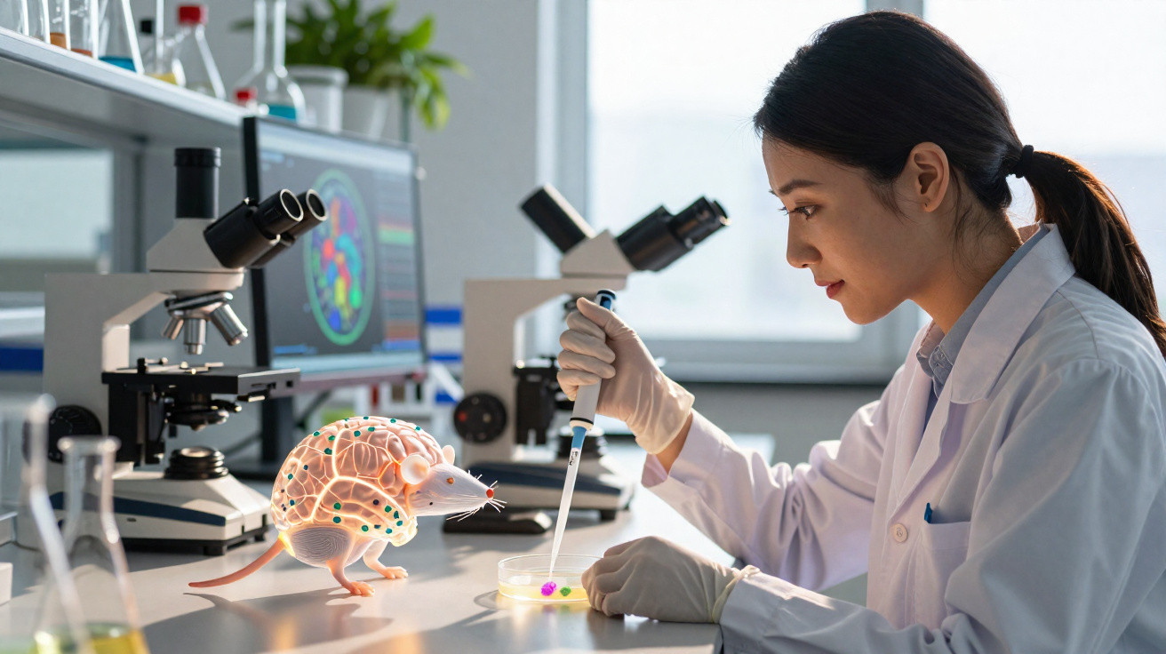 Scientist wearing gloves using a pipette over a petri dish with a digital neural map of a mouse in a lab.