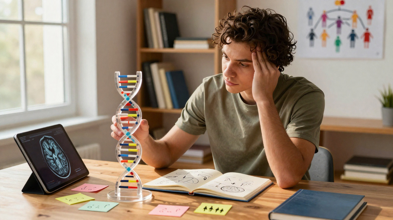 Young man studying a DNA model at a desk with brain scan on a tablet and notes in a notebook.
