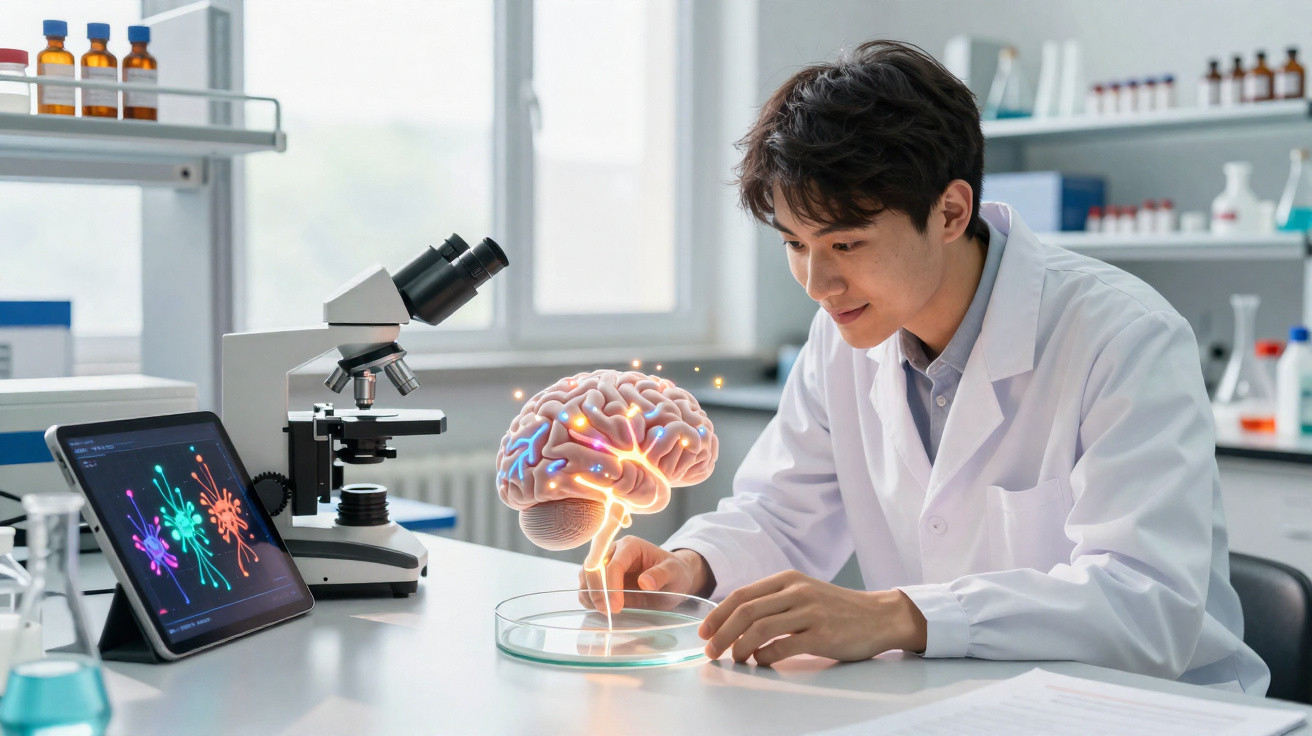Scientist in lab coat examining a glowing 3D brain model in a petri dish with microscope and tablet nearby.