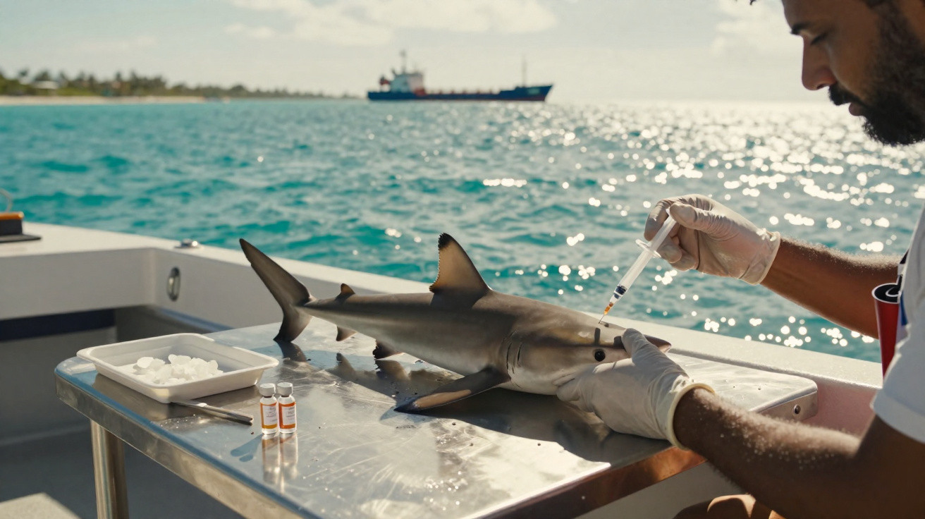 Scientist injecting a small shark on a boat with ocean and ship in the background on a sunny day.