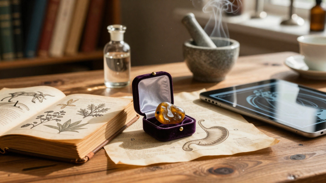 Amber stone in a velvet box surrounded by an open botanical book, steaming mortar and pestle, and a tablet.