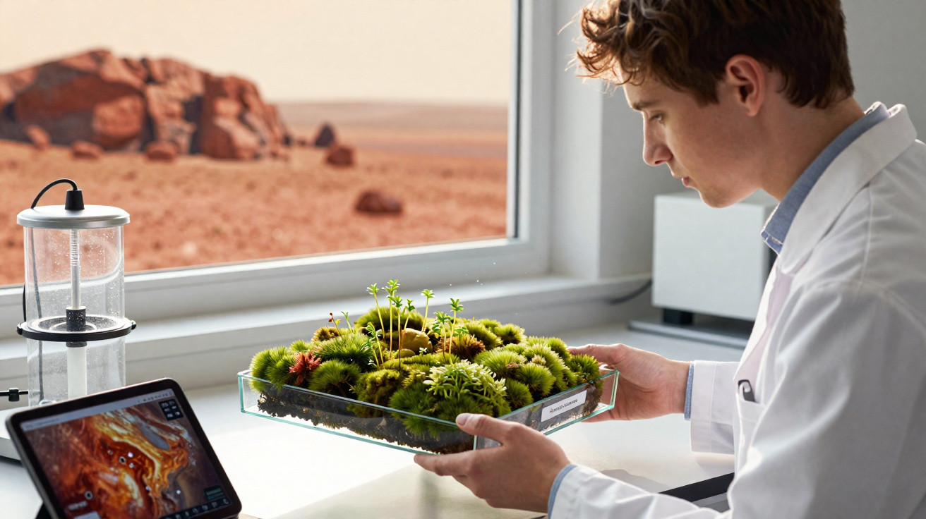 Scientist in lab coat examining a tray of moss and small plants with a Martian landscape visible through the window.