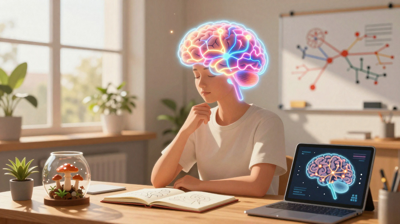 Person studying with an illuminated brain graphic above their head and a brain diagram on a laptop screen nearby.