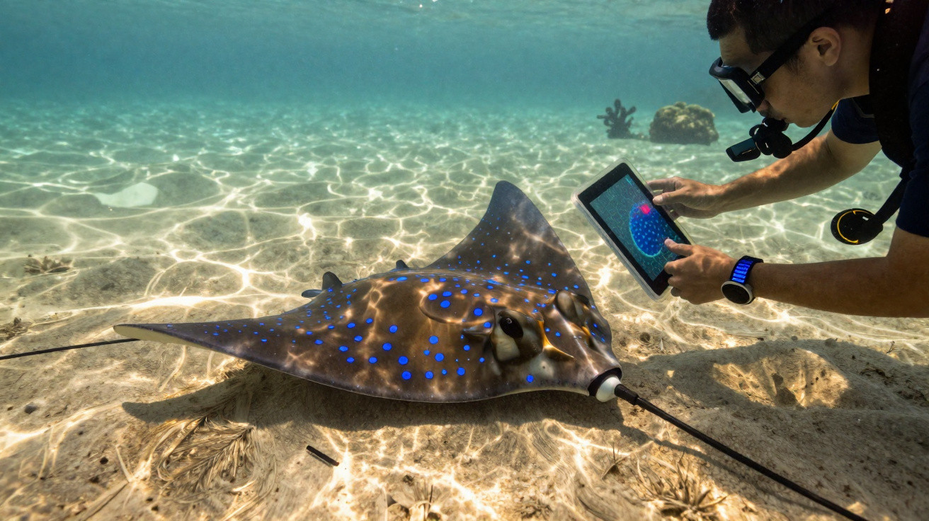 Diver underwater interacting with a blue-spotted stingray using a tablet device near the ocean floor.