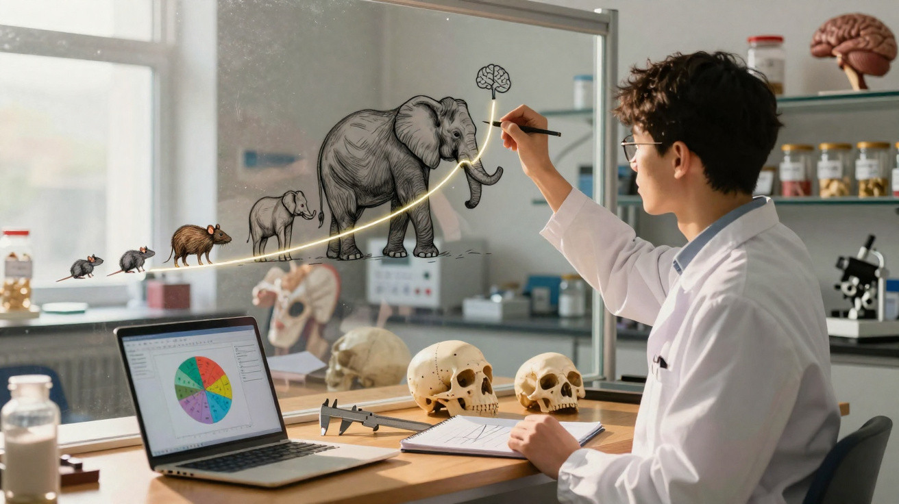 Scientist drawing an evolutionary progression from rodents to elephants linked to a brain illustration on glass.