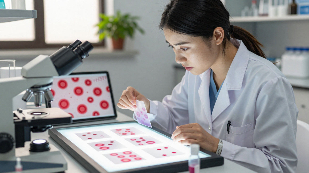 Female scientist examining blood samples on a lightbox in a laboratory with microscope and computer screen nearby.