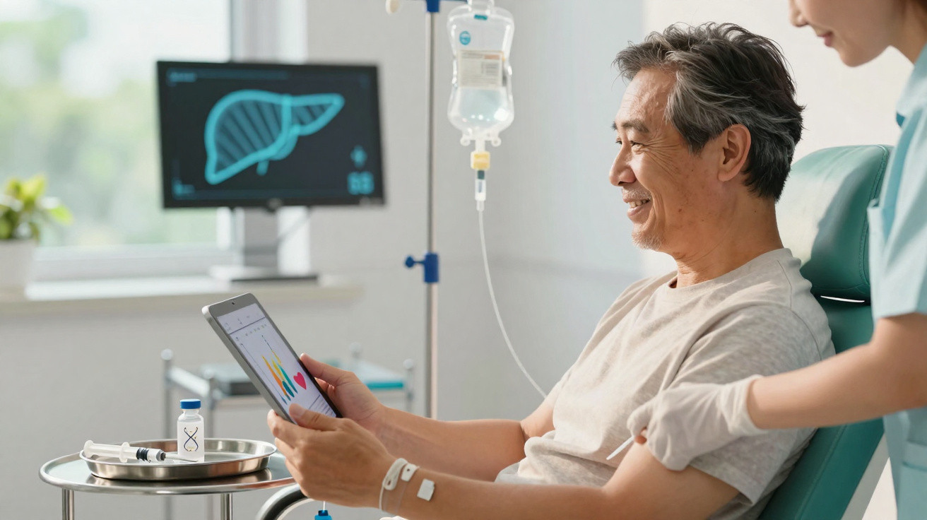 Elderly man receiving IV therapy in hospital, viewing health data on a tablet, with nurse assisting nearby.