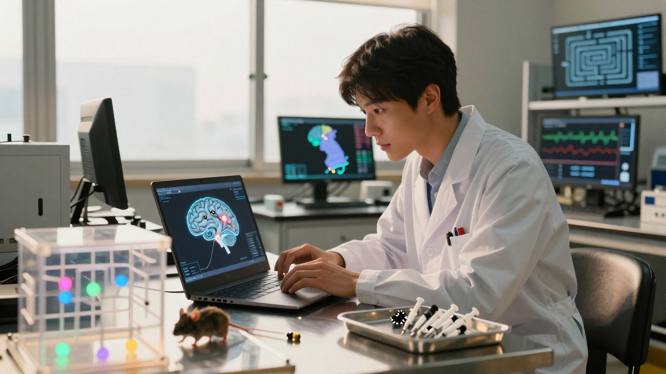Scientist in lab coat analysing brain scan on laptop with mouse and syringes on lab desk.