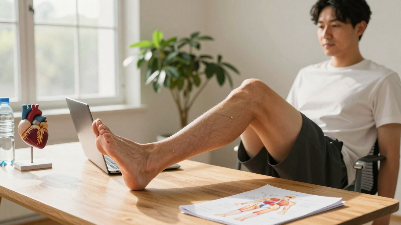 Man in casual clothes with leg raised on desk with anatomical heart model and medical chart in bright room.