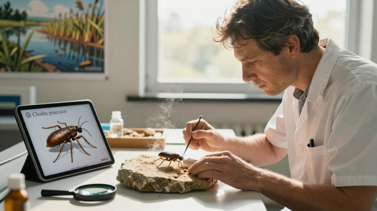 Scientist examining a large model of a cockroach on a rock with a digital illustration of the insect nearby.