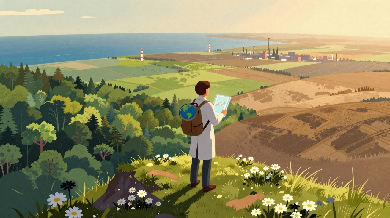 Scientist with a globe backpack studies environmental changes between lush forest and barren land by the sea.
