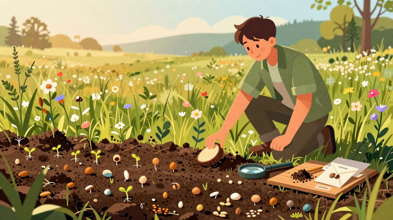 Person kneeling in a field planting and examining different seeds with tools and seed packets nearby.