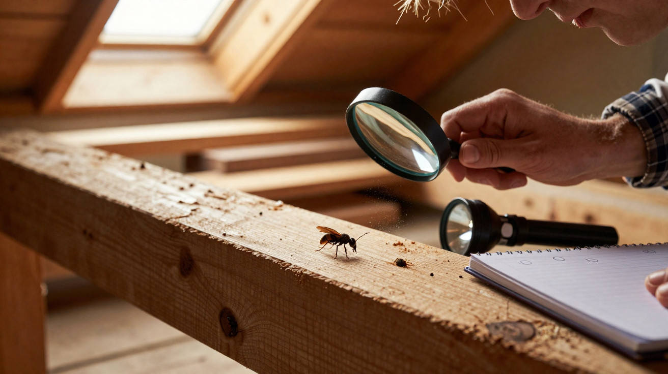 Person examining a wasp on a wooden beam with a magnifying glass and notebook in a sunlit attic.