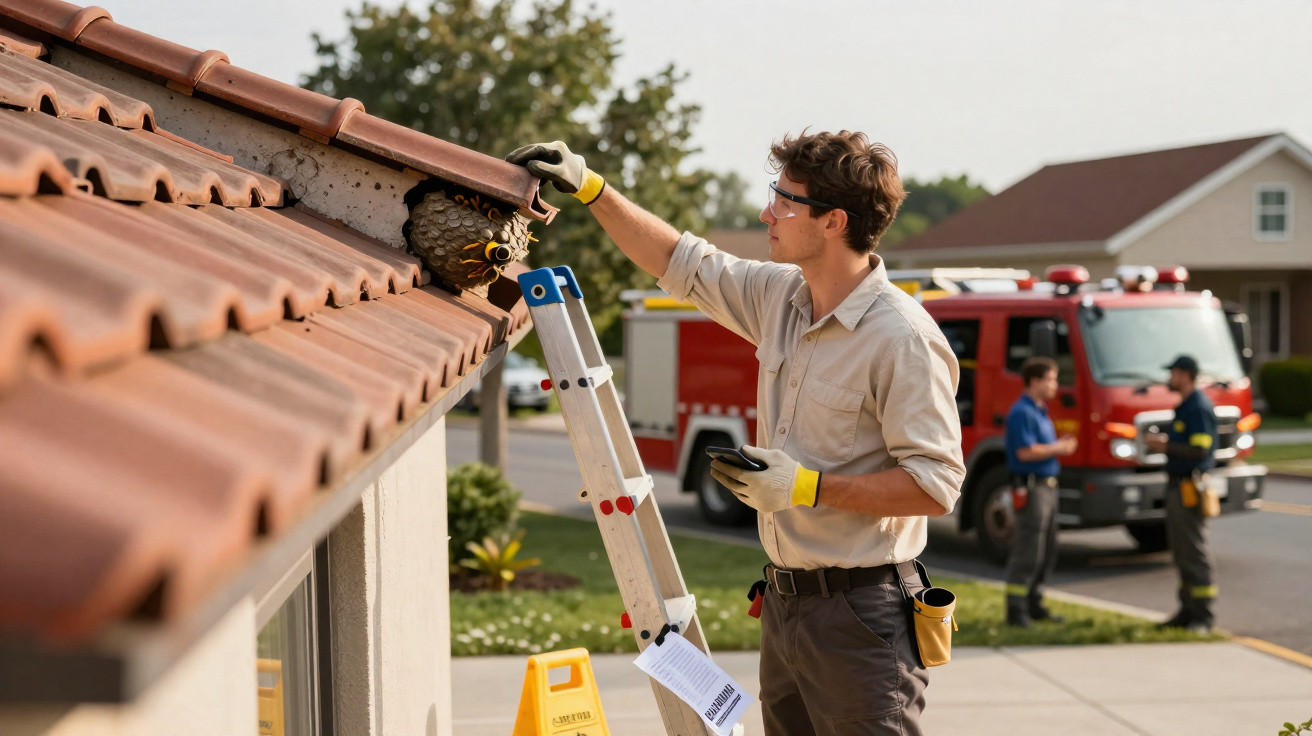 Man in protective gloves removing a wasp nest from a rooftop near a fire truck and emergency workers.