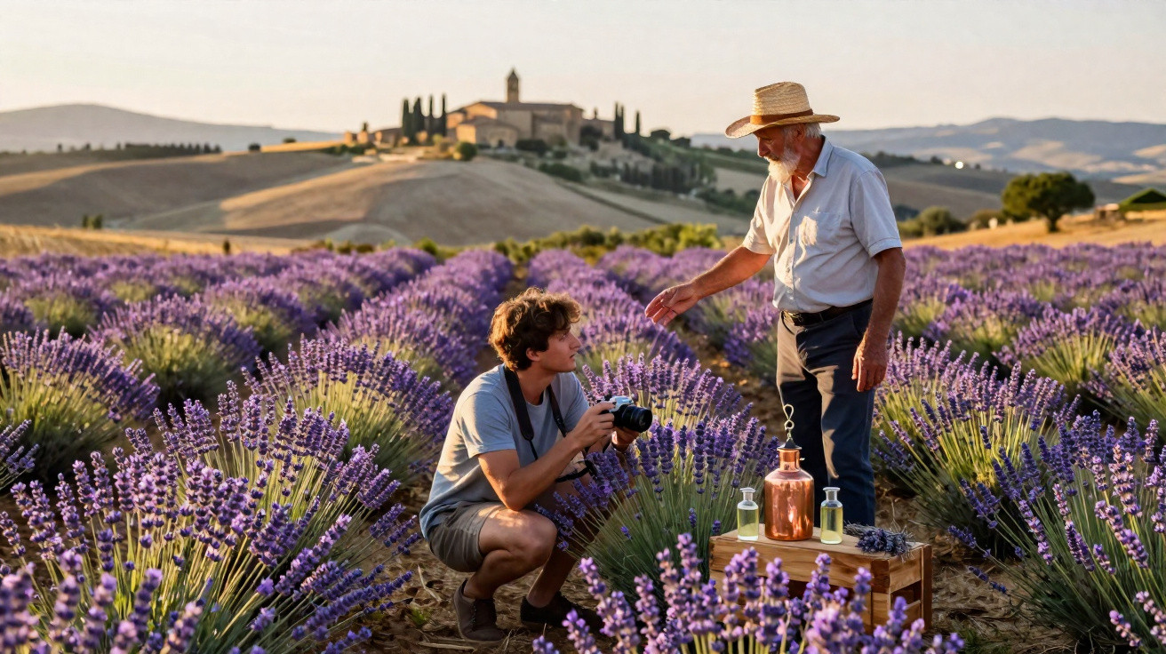 A young man with a camera crouches in a lavender field while an older man with a straw hat talks to him.