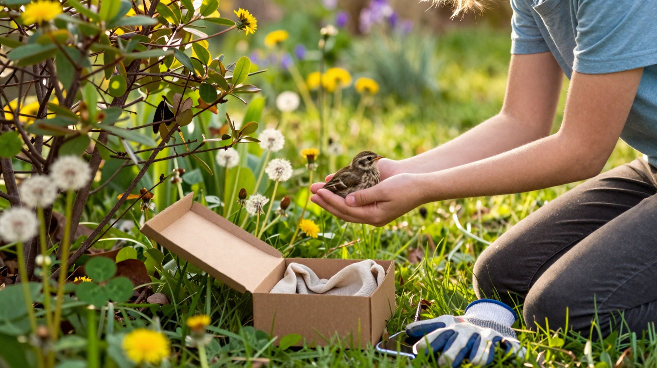 Child gently holding a small bird in hands outdoors near a garden box and gardening gloves amidst flowers.
