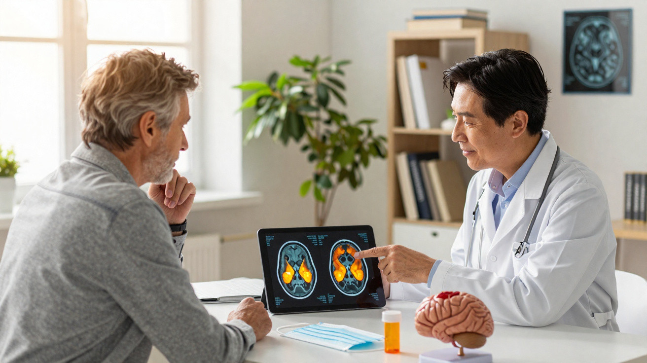 Doctor discussing brain scan results with senior male patient in a medical office.