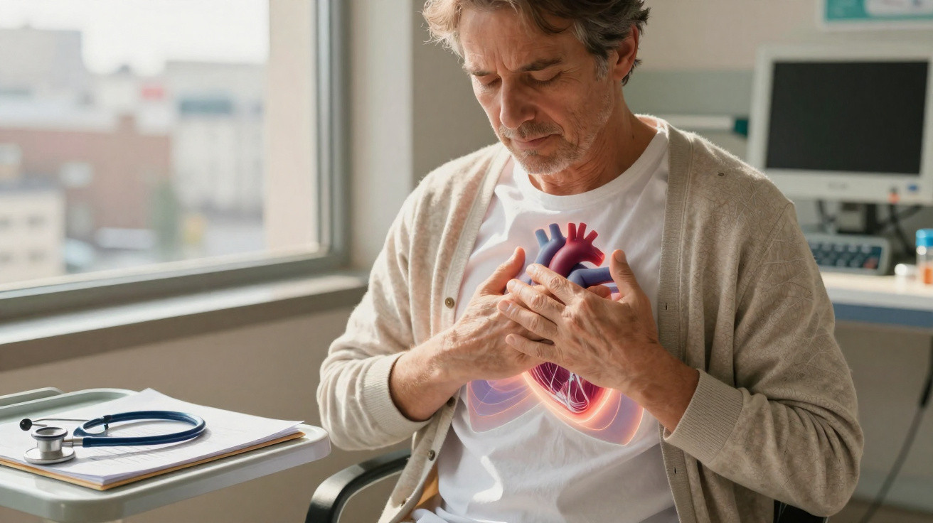Man sitting in a medical office clutching his chest with a digital heart graphic overlay indicating heart pain.