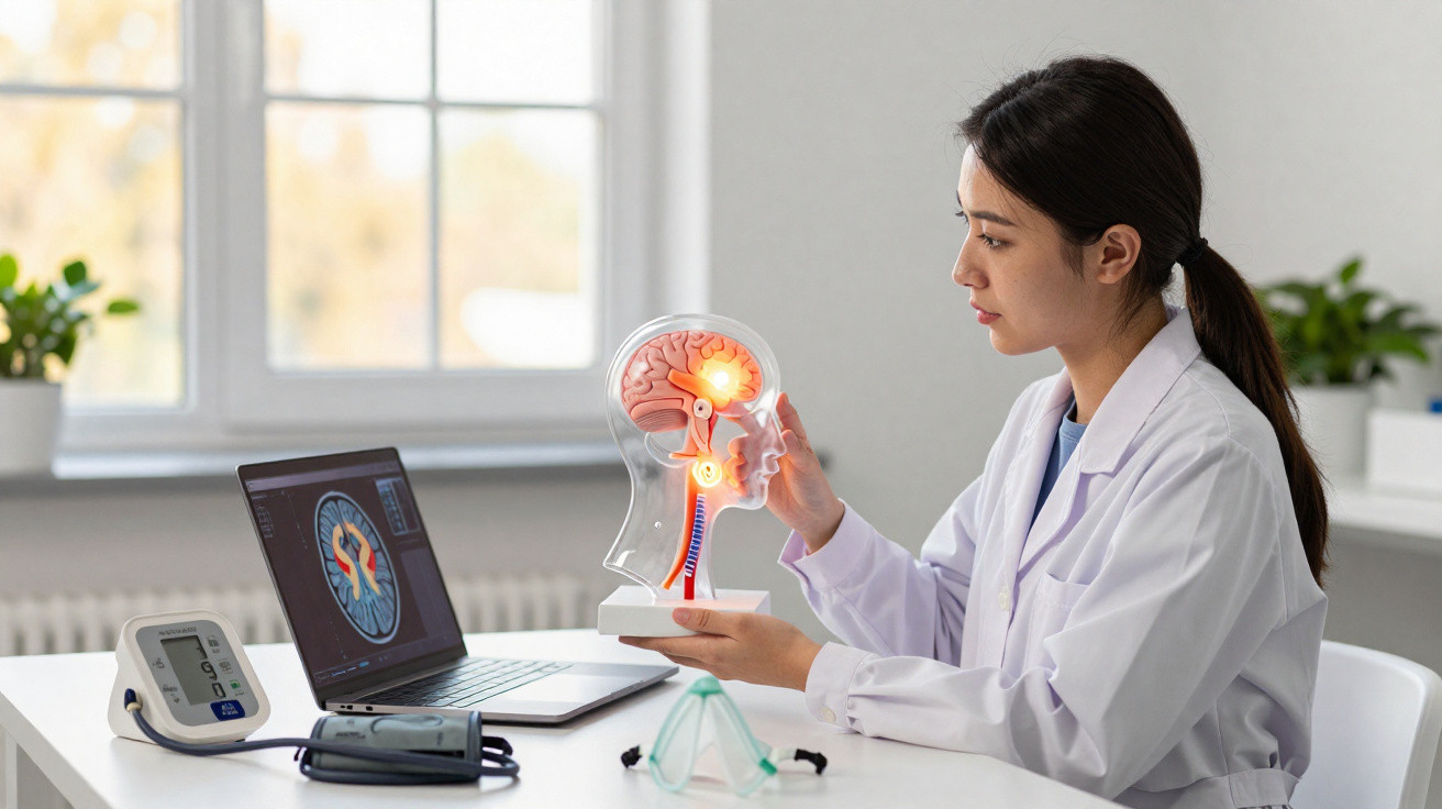 Female doctor in white coat holding a brain model and examining it next to a laptop with brain scan images.