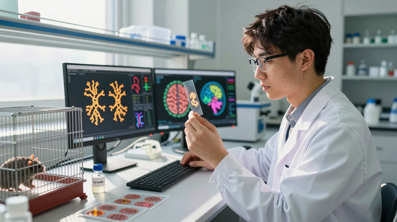 Scientist examining brain tissue slides in a lab with brain scans on computer screens and a caged mouse nearby.