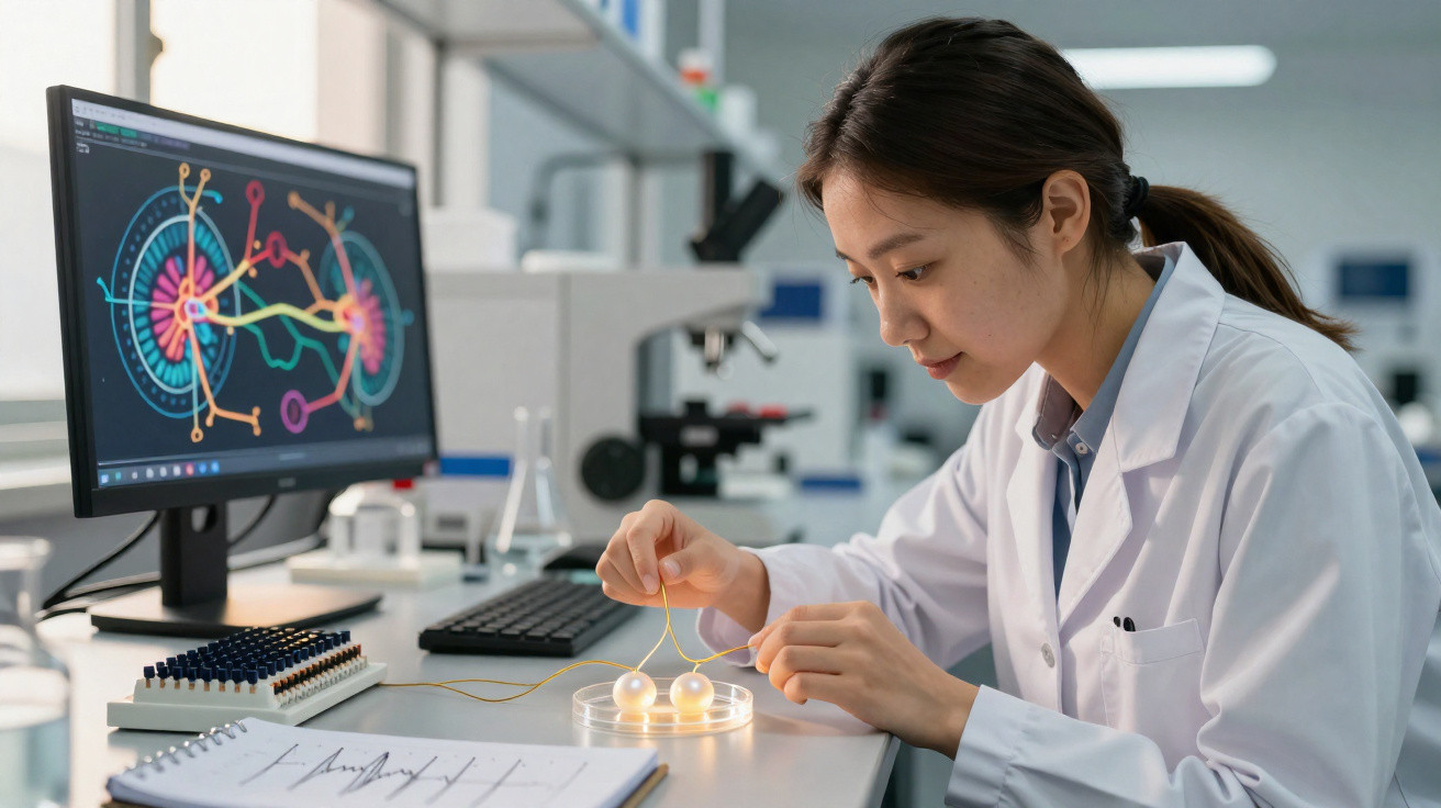 Female scientist in lab coat working with illuminated petri dish and neural network diagram on computer screen.
