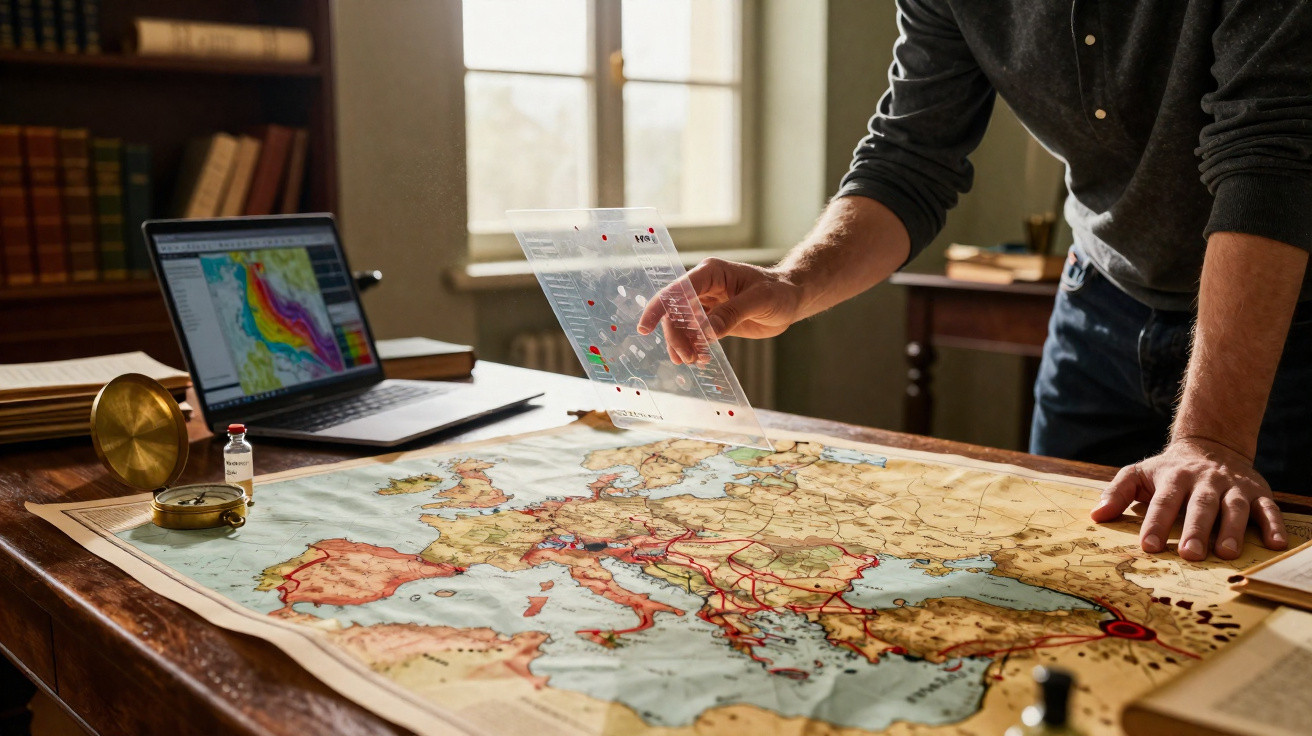 Person analysing a detailed historic map of Europe on a wooden table with a laptop and compass nearby.