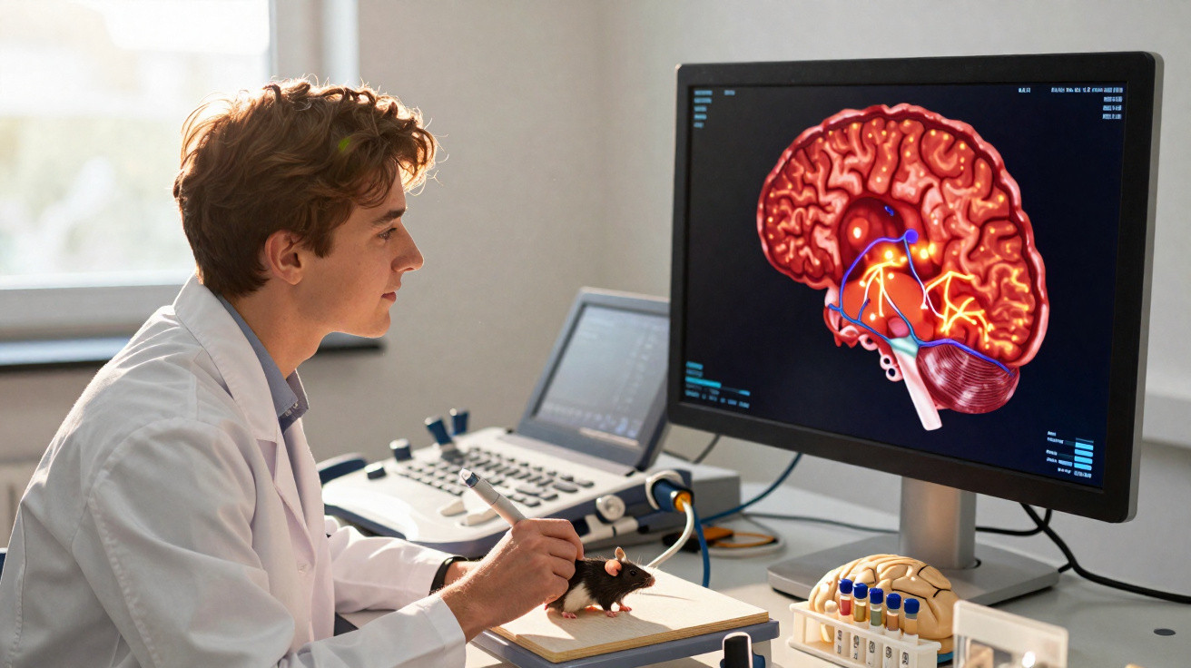 Scientist in lab coat studying a rat with brain scan image displayed on computer monitor.