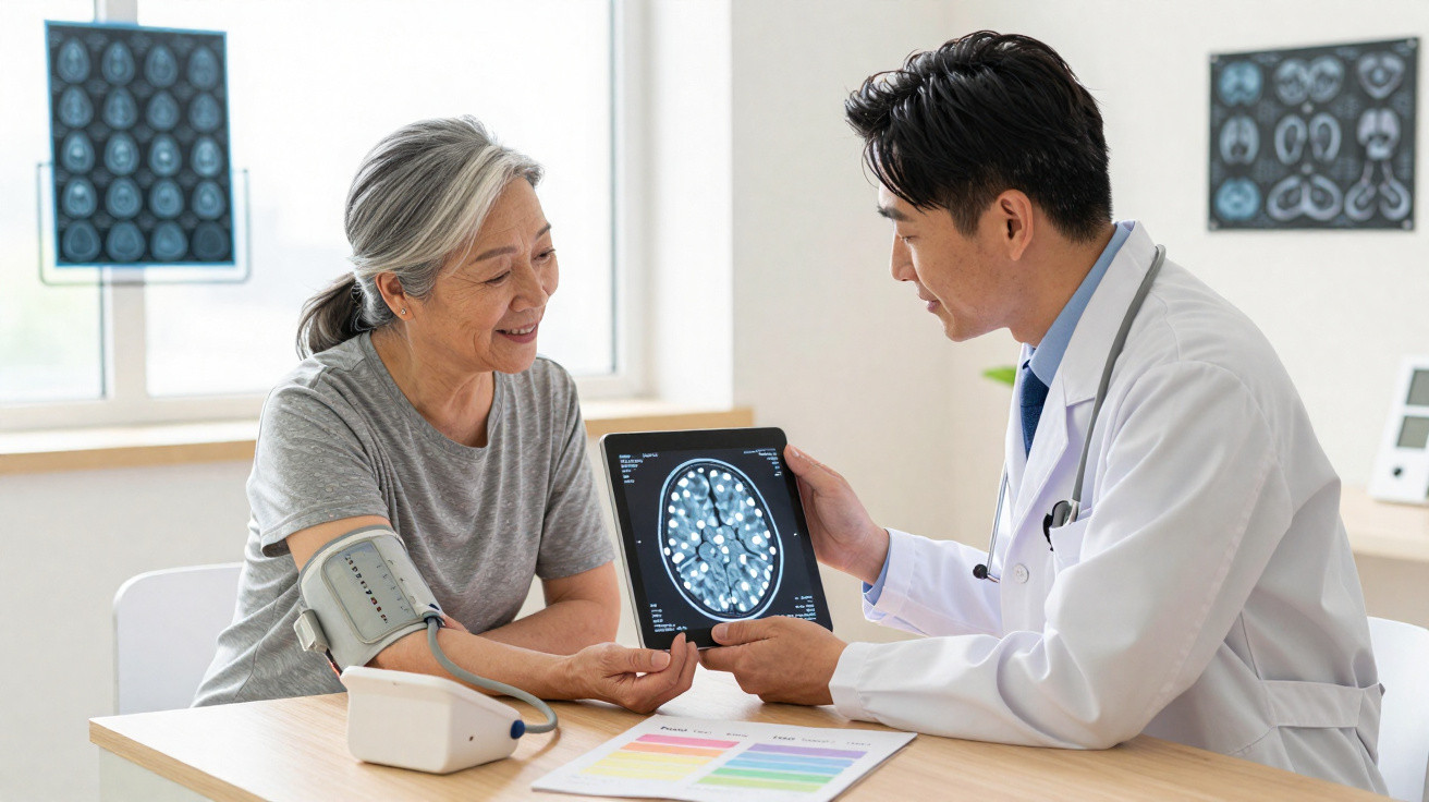 Doctor showing brain scan on tablet to senior woman with blood pressure monitor on arm in clinic.